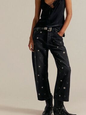 Free People We the Free Deep Trance Shine Embroidered Boyfriend Jeans